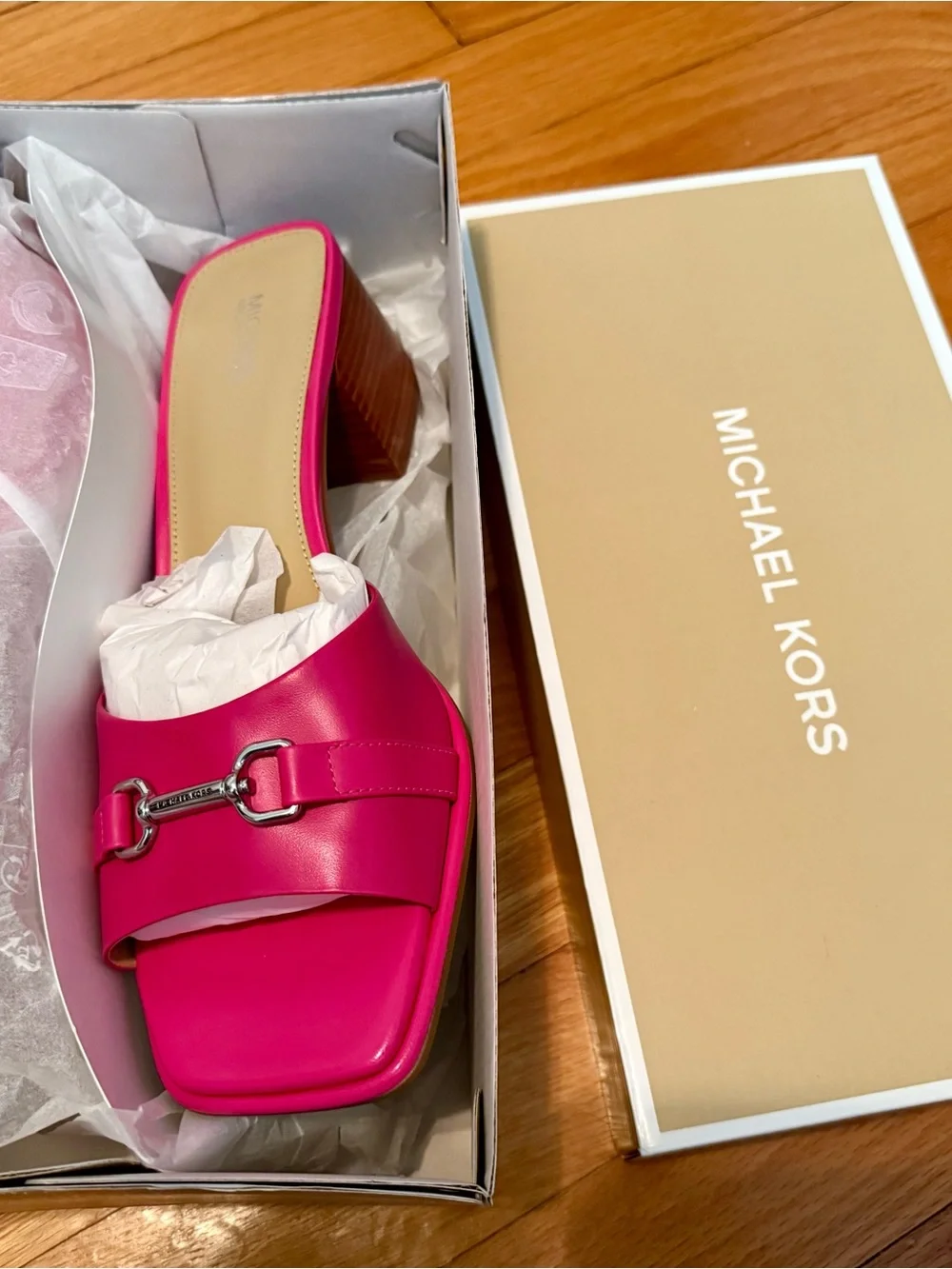 Michael Kors Pink Leather Carson Mule Mid Heel Slide Sandal - Picture 3 of 5